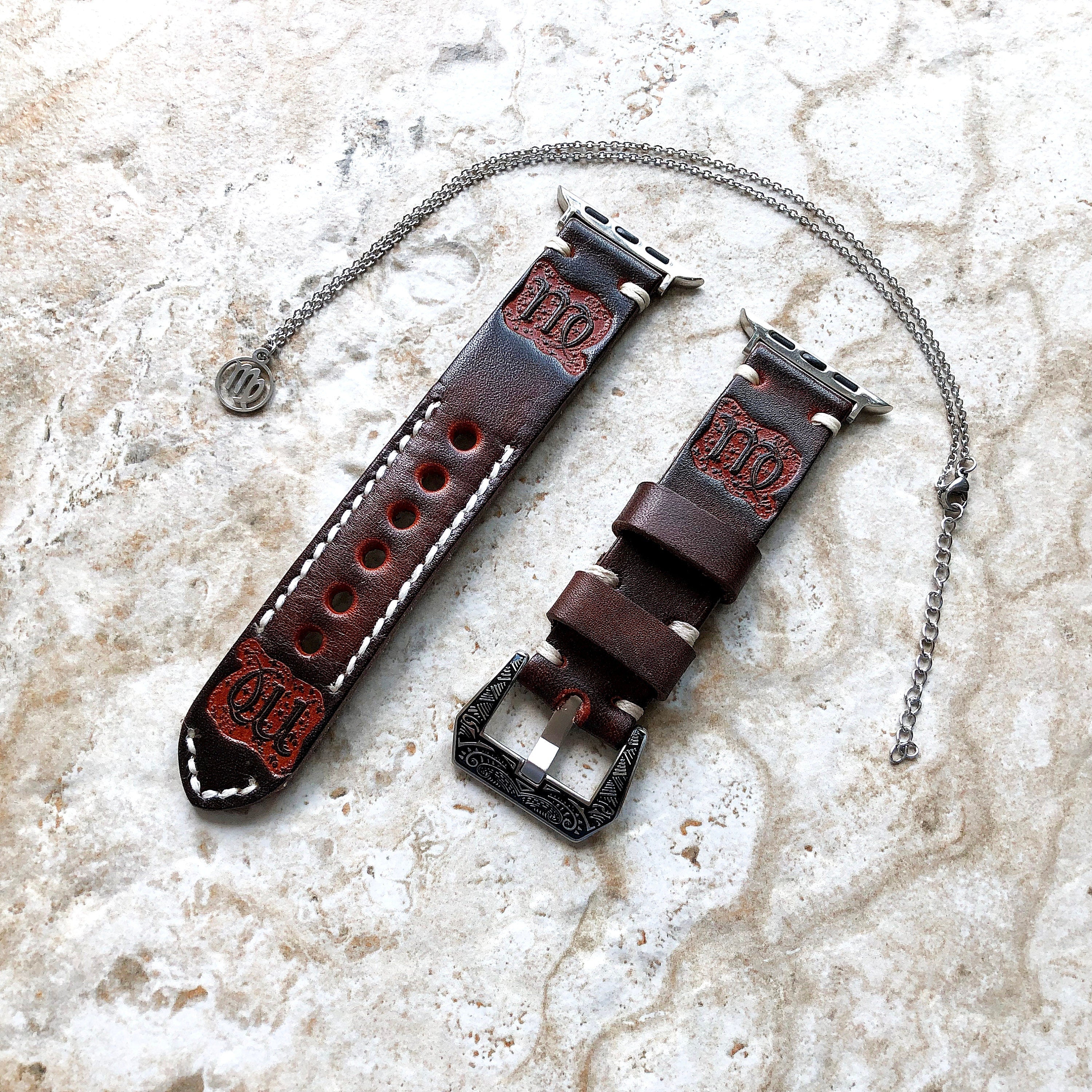 Apple Watch Virgo Zodiac Band Set for Ultra 2 9 8 7 6 SE 5 4 3 2 1 38mm 40 41 42 44 45mm 49mm Brown Leather Embossed Strap Bracelet Necklace